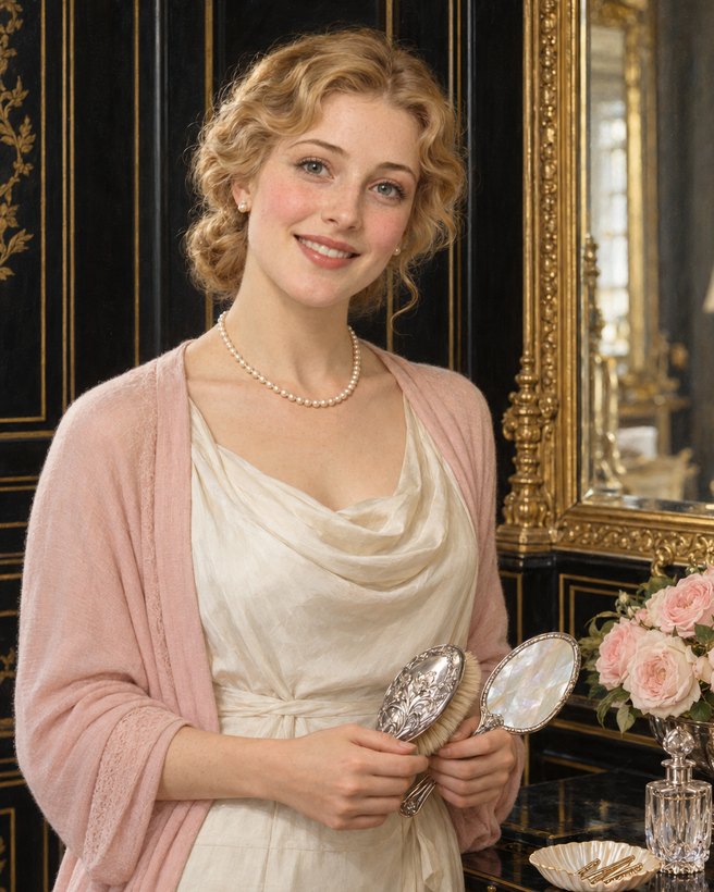 Mlle Colette, a smiling hair and beauty specialist with honey-blonde hair in a soft chignon, ivory dress and blush wrap, holding a silver hairbrush and hand mirror