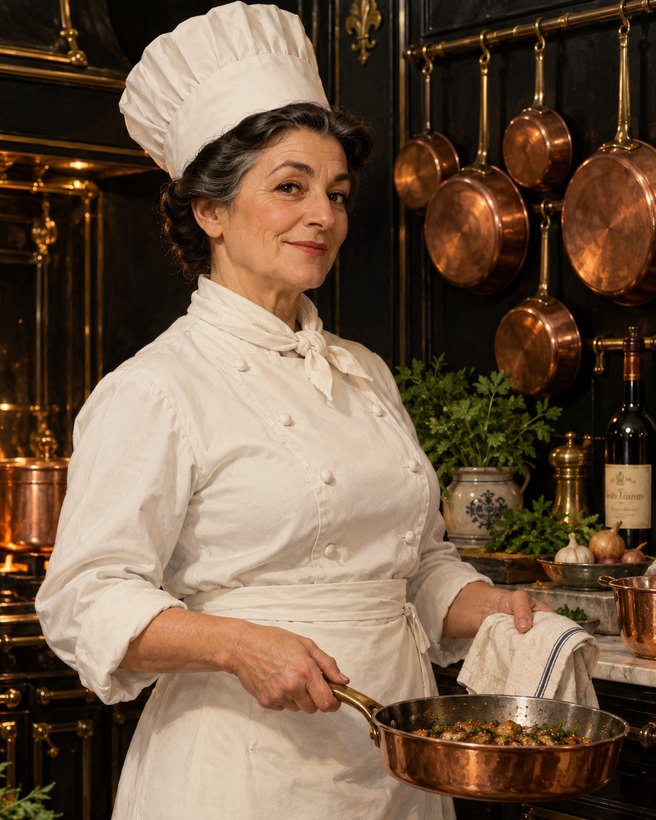 Madame Gauffre, a Parisian cook in a white toque and chef's jacket, holding a copper pan