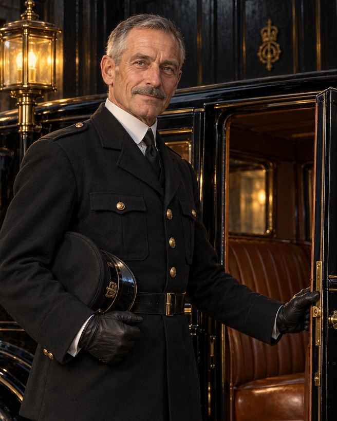 Mr Hartley, a grey-moustached chauffeur with his cap under his arm, opening the motorcar door