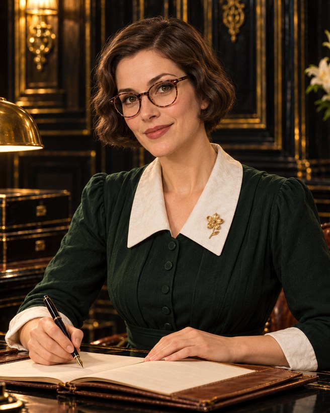 Miss Penrose, a private secretary with a neat dark bob and tortoiseshell spectacles, a small gold rose brooch, holding a fountain pen over a leather ledger